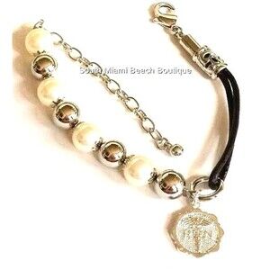 RN Nursing Charm Bracelet Caduceus Silver Plated Pearl Nurse Graduation Gift